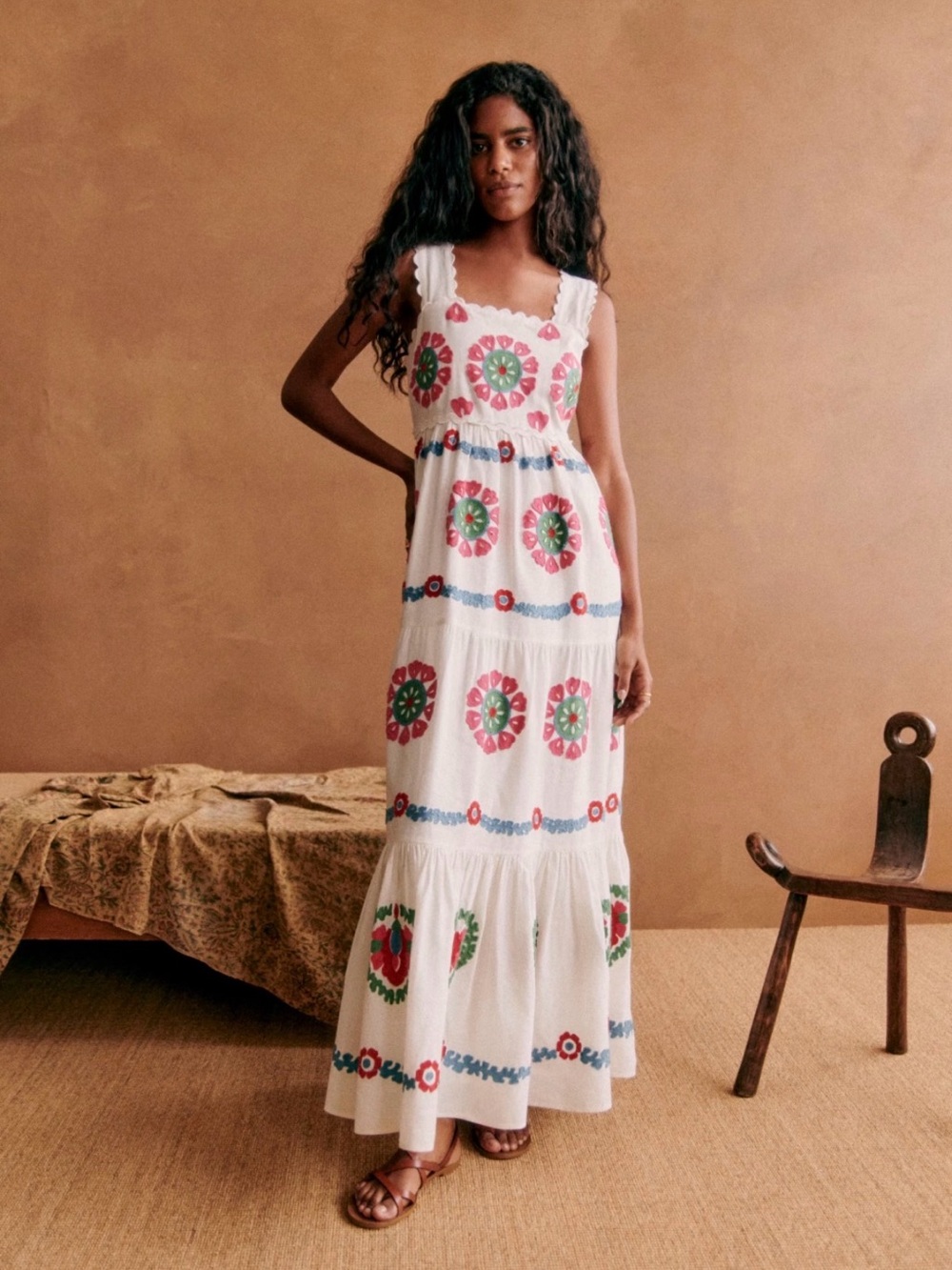 Sezane White Maxi Dress with Pink, Green & Blue Embroidery - Picture 2 of 9